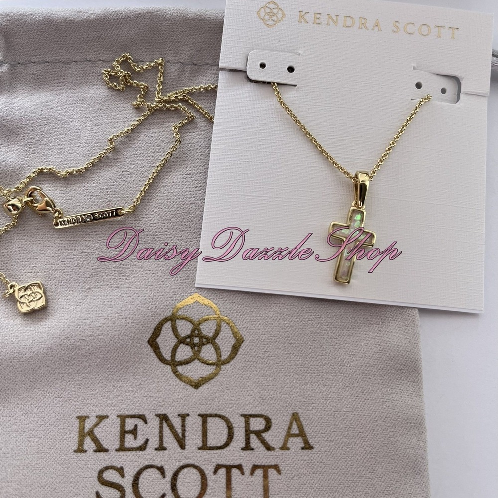 ✨Kendra Scott Cross Gold Pendant Necklace in White Kyocera Opal New ✨🕊️ - Picture 7 of 8
